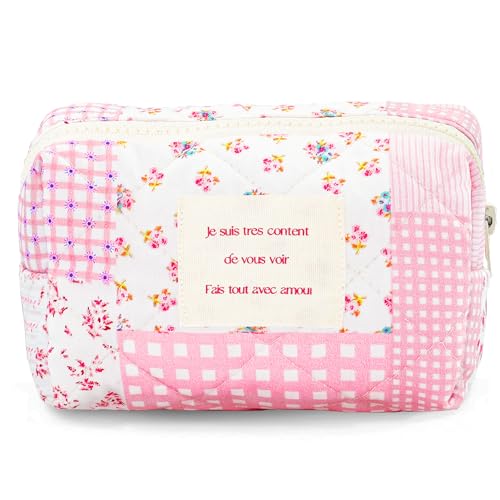 Sminra Small Quilted Makeup Pouch, Floral Cotton Cosmetic Bag for Purse, Cottagecore Zipper Pouch Organizer for Daily Essentials, Soft Mini Toiletry Pouch, Pink Floral-S - Image 1