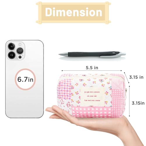 Sminra Small Quilted Makeup Pouch, Floral Cotton Cosmetic Bag for Purse, Cottagecore Zipper Pouch Organizer for Daily Essentials, Soft Mini Toiletry Pouch, Pink Floral-S - Image 3