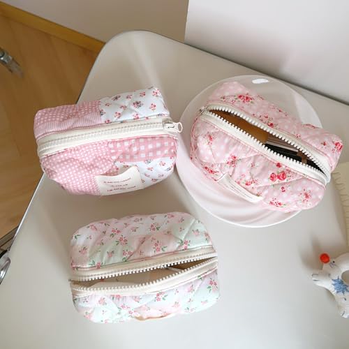 Sminra Small Quilted Makeup Pouch, Floral Cotton Cosmetic Bag for Purse, Cottagecore Zipper Pouch Organizer for Daily Essentials, Soft Mini Toiletry Pouch, Pink Floral-S - Image 4