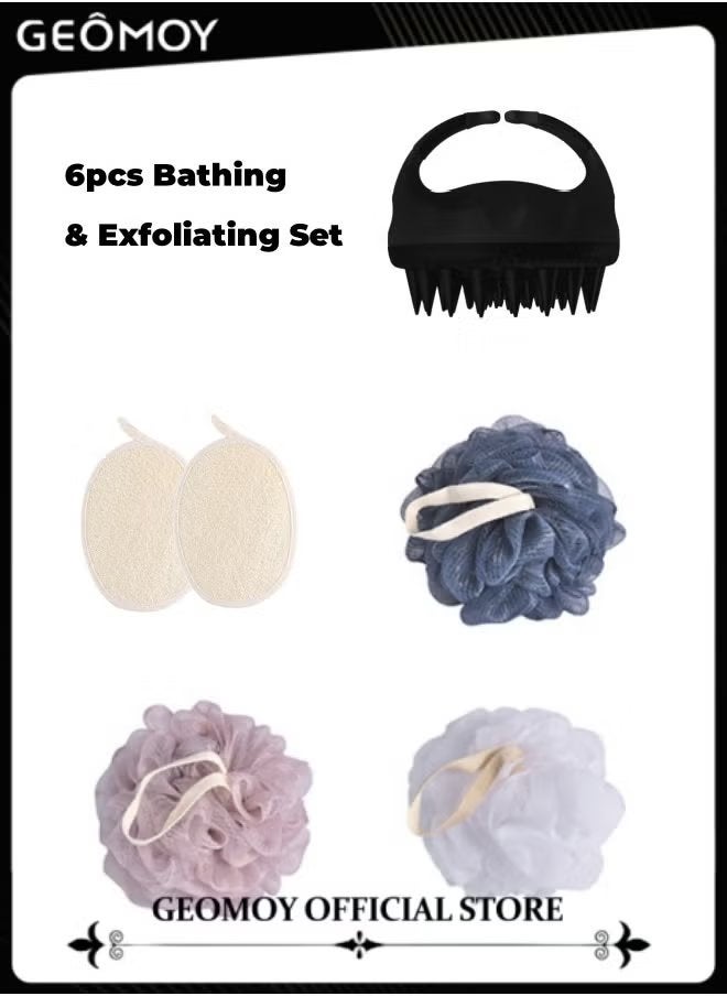 Geomoy 6pcs Bathing and Exfoliating Set 1pc Hair Scalp Massager Shampoo Brush with Soft Silicone Bristles & 2pcs Natural and Eco-friendly Loofah Pads & 3pcs Bath Sponges in Larger Size - Image 1