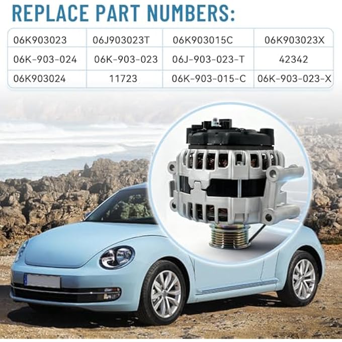Minjiang 12V 140A Alternator Compatible with Volkswagen Jetta/Beetle/Passat 1.8L/2.0L L4 2013 2014 2015 2016 2017, 6-Groove Clutch Pulley Clockwise, Replaces 06J903023T, 06K903023, 06K903023X - Image 2