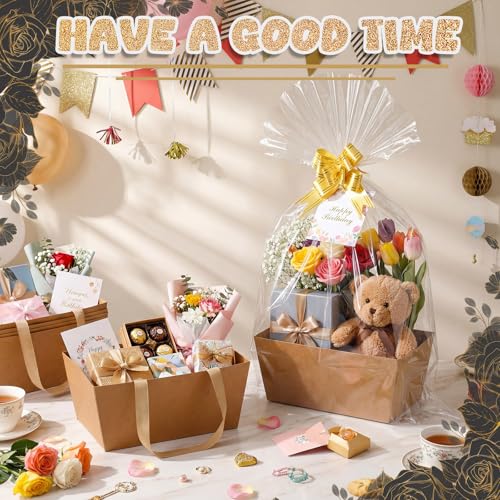 Funnymoom 12 Pcs Brown Empty Gift Baskets Bulk with Cellophane Bag Pull Bow Wedding Gift Wrapping Basket for Spring Teacher Mothers Day Birthday Party Favor Supplies 98x65 - Image 3