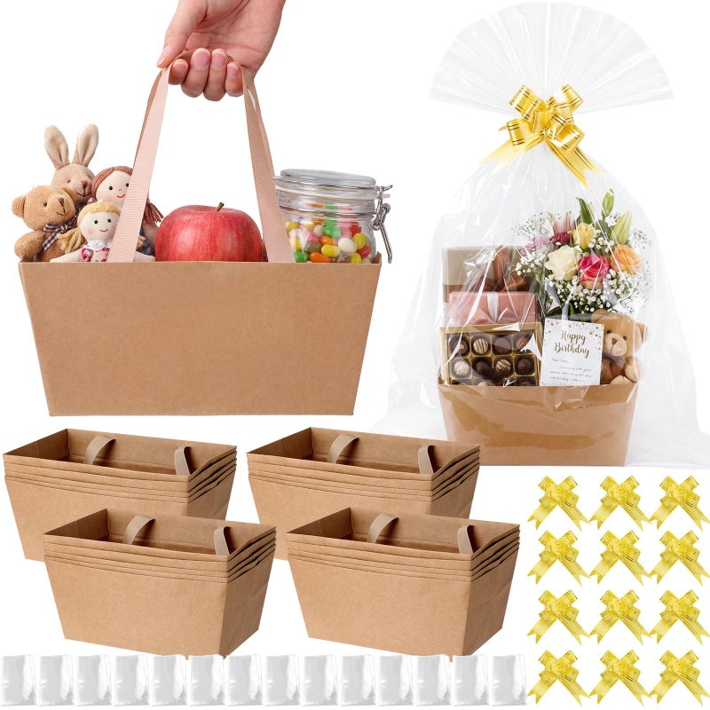 Funnymoom 12 Pcs Brown Empty Gift Baskets Bulk with Cellophane Bag Pull Bow Wedding Gift Wrapping Basket for Spring Teacher Mothers Day Birthday Party Favor Supplies 98x65 - Image 2