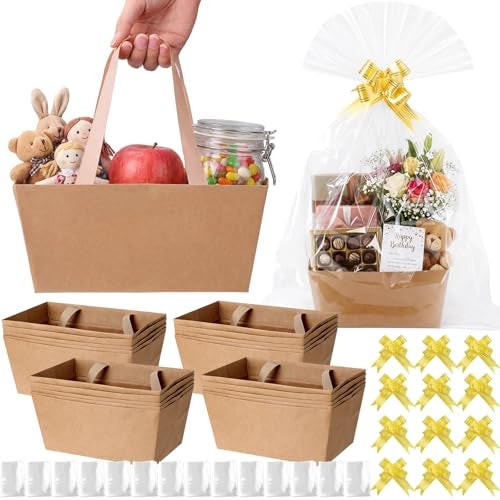 Funnymoom 12 Pcs Brown Empty Gift Baskets Bulk with Cellophane Bag Pull Bow Wedding Gift Wrapping Basket for Spring Teacher Mothers Day Birthday Party Favor Supplies 98x65 - Image 1
