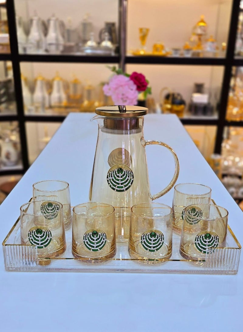 Damanhoor Luxury Glass Jug Set With 6 Glasses And Acrylic Tray Elegant Gold Finish With Green Accents 