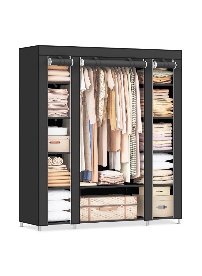 SONGMICS Fabric Wardrobe, Portable Wardrobe for Bedroom, Clothes Rail with Non-Woven Fabric Cover, Clothes Storage Organiser, 45 x 150 x 175 cm, 12 Compartments, Metal Frame, Black - Image 1