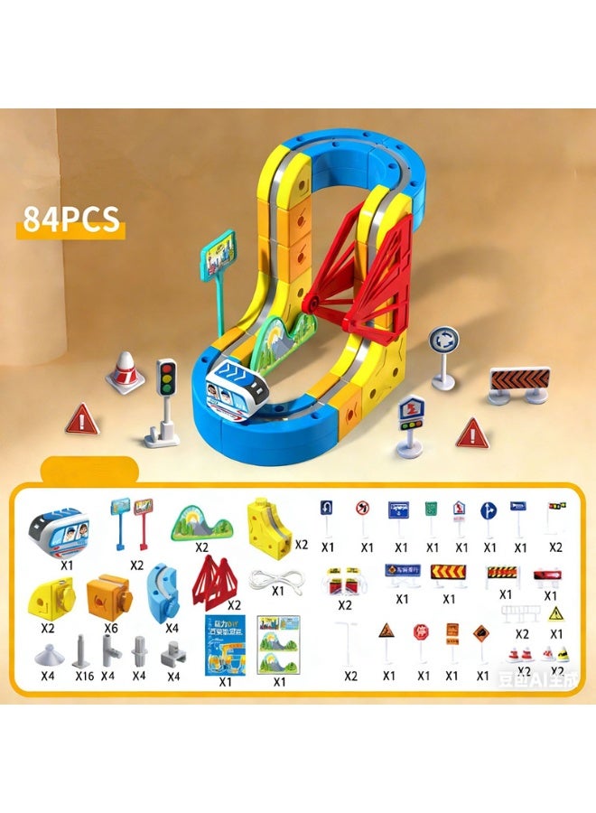 84 Pcs Magnetic Building Block Car Track Toy Set, Electric Train And Traffic Signs, Suitable For Boys And Girls Aged 3 And Up. Birthday, Holiday, Ramadan Gift, Magnetic Building Blocks(DYS060) - Image 2