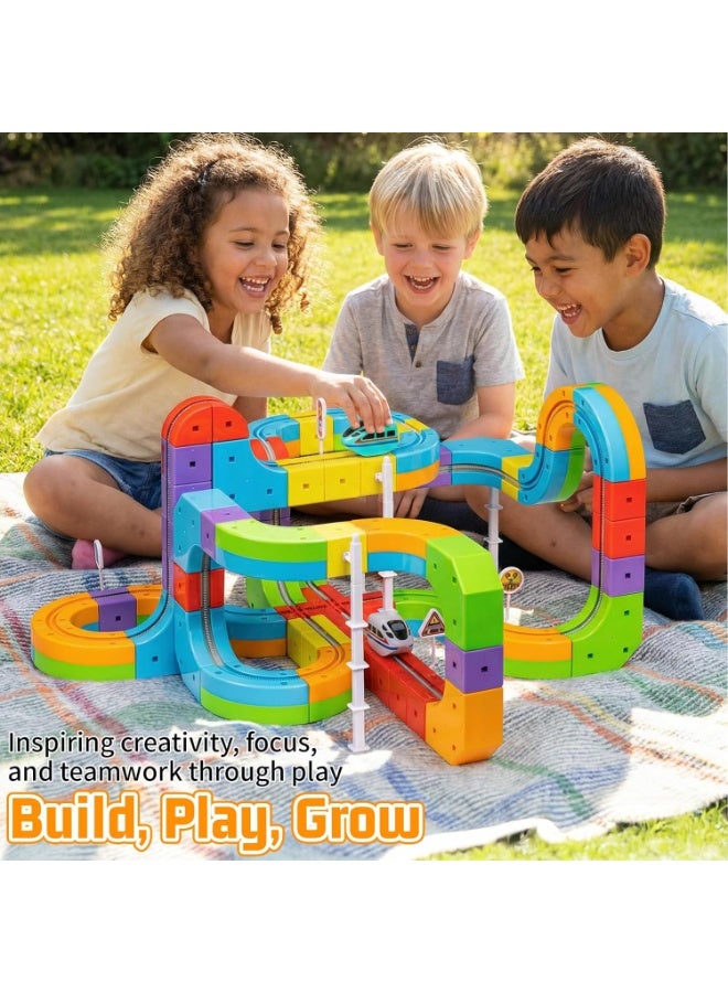 84 Pcs Magnetic Building Block Car Track Toy Set, Electric Train And Traffic Signs, Suitable For Boys And Girls Aged 3 And Up. Birthday, Holiday, Ramadan Gift, Magnetic Building Blocks(DYS060) - Image 3