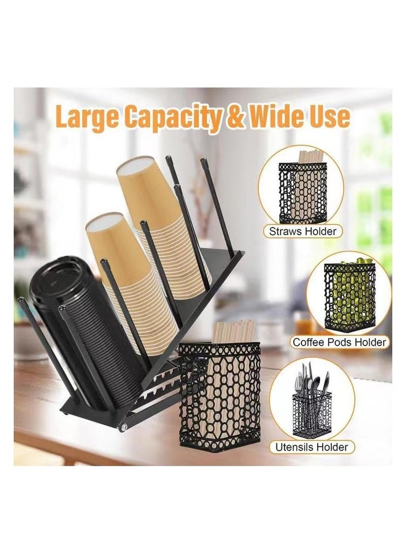 XICEN Adjustable Coffee Cup Holder Organizer 4 Compartment Disposable Cup Dispenser with Coffee Pod Straw Storage Basket for Coffee Station Bar Countertop Breakroom Metal Black - Image 2