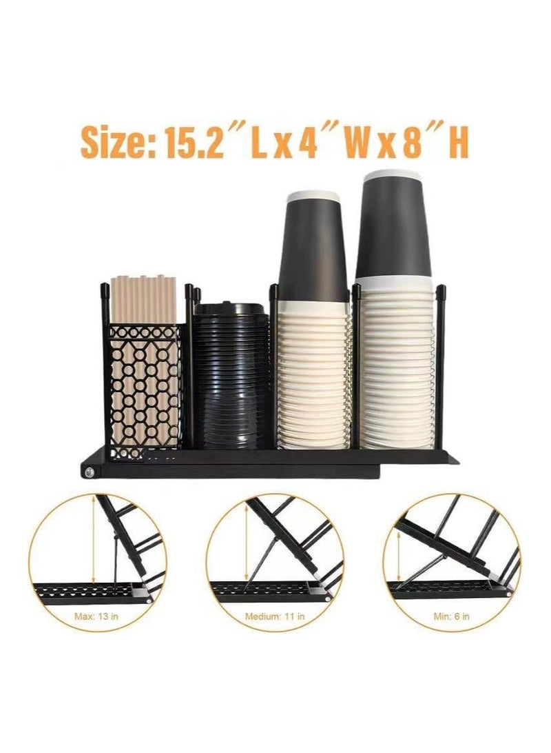 XICEN Adjustable Coffee Cup Holder Organizer 4 Compartment Disposable Cup Dispenser with Coffee Pod Straw Storage Basket for Coffee Station Bar Countertop Breakroom Metal Black - Image 4