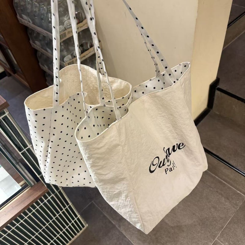 Canvas Tote Bag with Polka Dots - Beige, Large Capacity, Reversible - Image 3