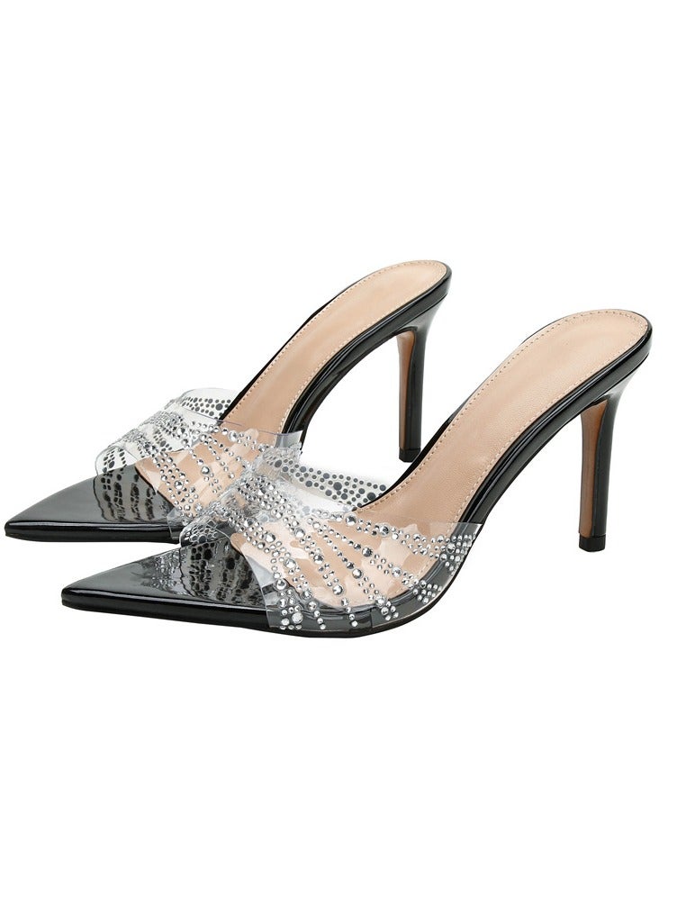 Loquat Women's Transparent Rhinestone Pointed Toe One Line Design High Heeled Sandals Stiletto Heel Open Toe Slip On Backless Fashion High Heels Slippers Black 7CM  - Image 1