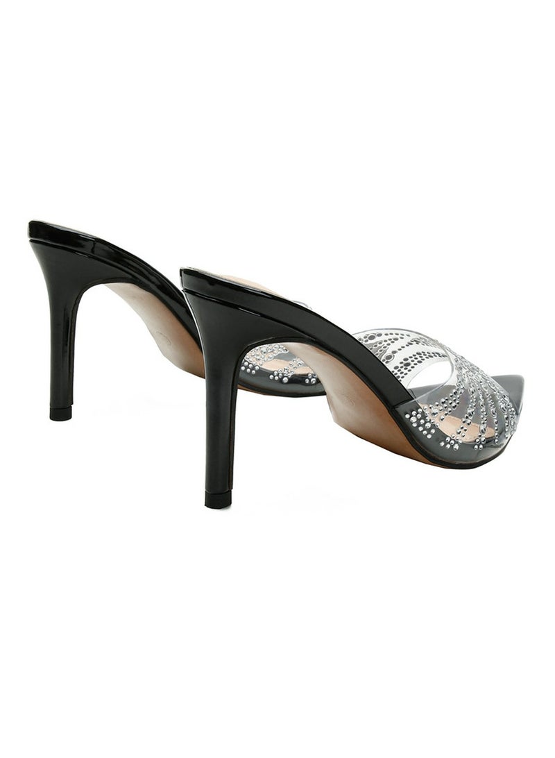 Loquat Women's Transparent Rhinestone Pointed Toe One Line Design High Heeled Sandals Stiletto Heel Open Toe Slip On Backless Fashion High Heels Slippers Black 7CM  - Image 2