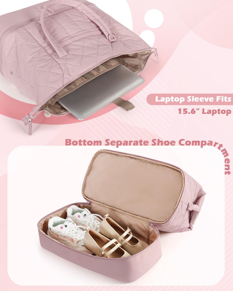 Smasrob Quilted Duffle Bag with Shoe Compartment and Wet Pocket, Weekender Duffel Bag With Laptop Sleeve and a Separate Pouch for Travel, Gym, Hospital Labor Delivery, Pink - Image 3