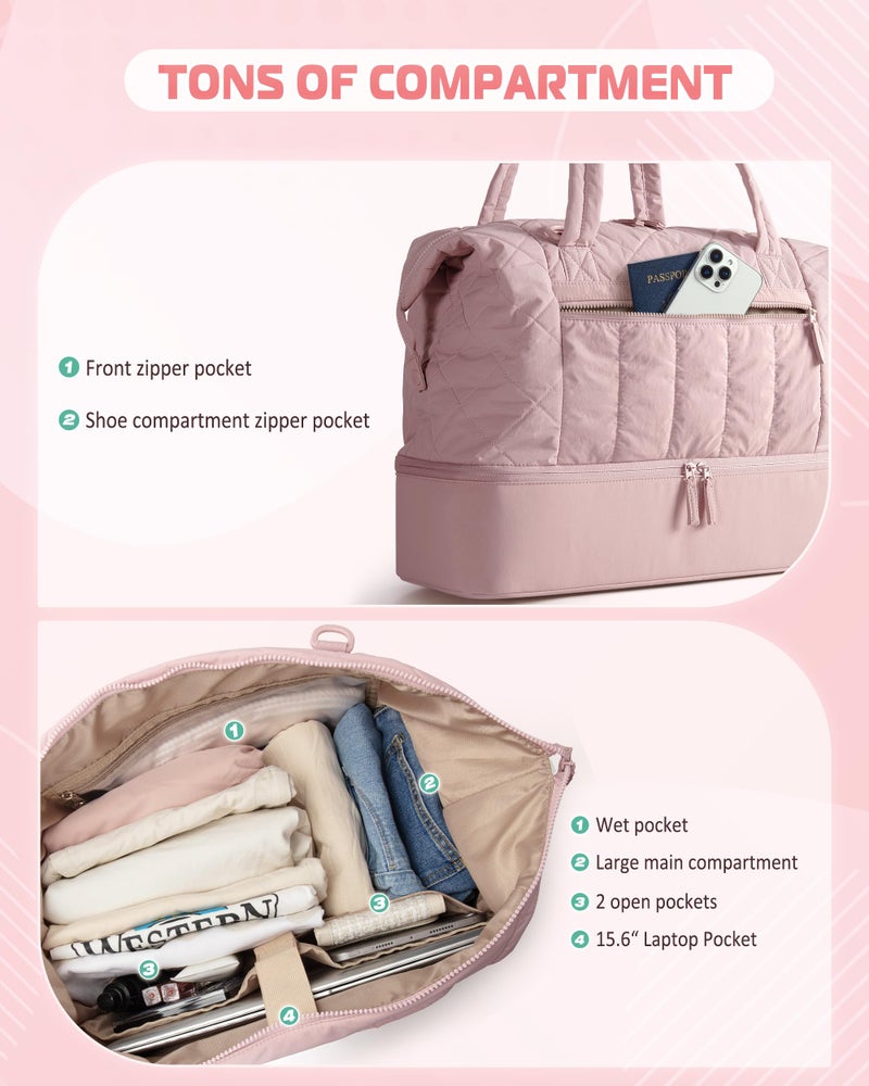 Smasrob Quilted Duffle Bag with Shoe Compartment and Wet Pocket, Weekender Duffel Bag With Laptop Sleeve and a Separate Pouch for Travel, Gym, Hospital Labor Delivery, Pink - Image 2