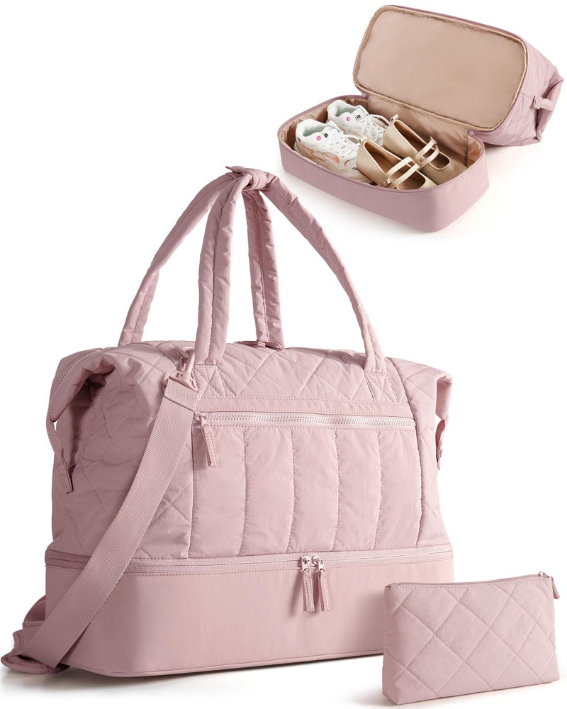 Smasrob Quilted Duffle Bag with Shoe Compartment and Wet Pocket, Weekender Duffel Bag With Laptop Sleeve and a Separate Pouch for Travel, Gym, Hospital Labor Delivery, Pink - Image 1