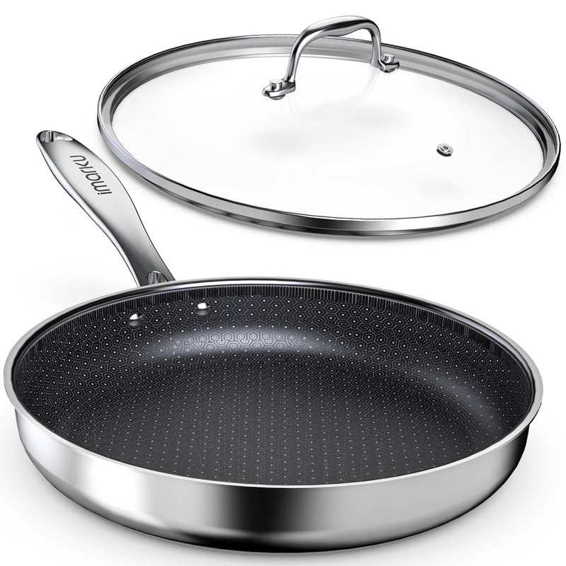imarku 12" Non Stick Frying Pan with Lid, Stainless Steel Pan with Durable Ceramic Coating, 5.5-Quart Deep Skillet for Family Meals, Induction Cookware, Oven & Dishwasher Safe, PFOA Free - Image 1