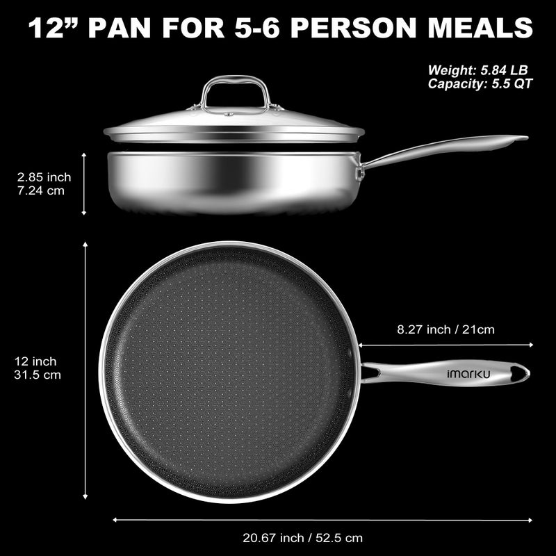 imarku 12" Non Stick Frying Pan with Lid, Stainless Steel Pan with Durable Ceramic Coating, 5.5-Quart Deep Skillet for Family Meals, Induction Cookware, Oven & Dishwasher Safe, PFOA Free - Image 4