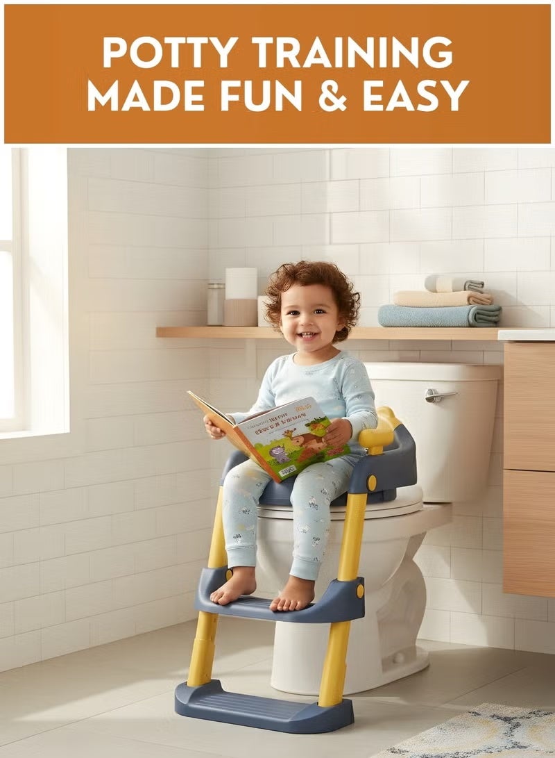 Baby Toilet Training Ladder Seat with Steps – Foldable Toddler Potty Trainer with Soft Cushion, Adjustable Height, Non-Slip Steps & Handles, Fits Most Toilets, Kids Potty Training Seat - Image 1