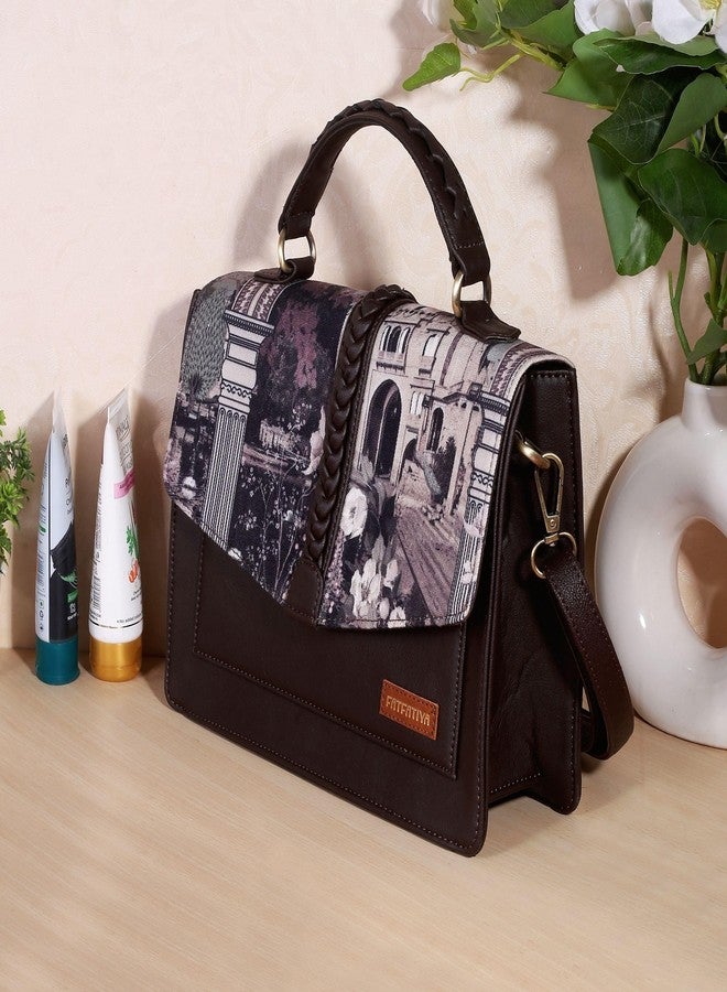 Fatfatiya Heritage Architectural Floral Print Satchel Bag, Vegan Leather Structured Handbag with Detachable Sling Strap, Office College Travel Crossbody Purse - Image 3