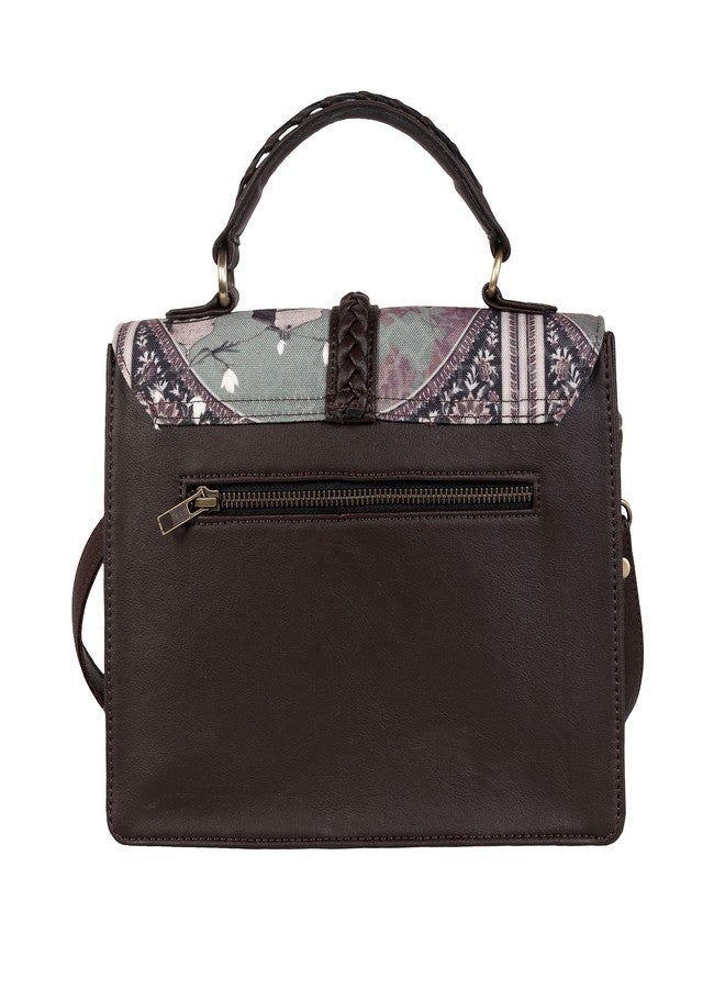 Fatfatiya Heritage Architectural Floral Print Satchel Bag, Vegan Leather Structured Handbag with Detachable Sling Strap, Office College Travel Crossbody Purse - Image 2
