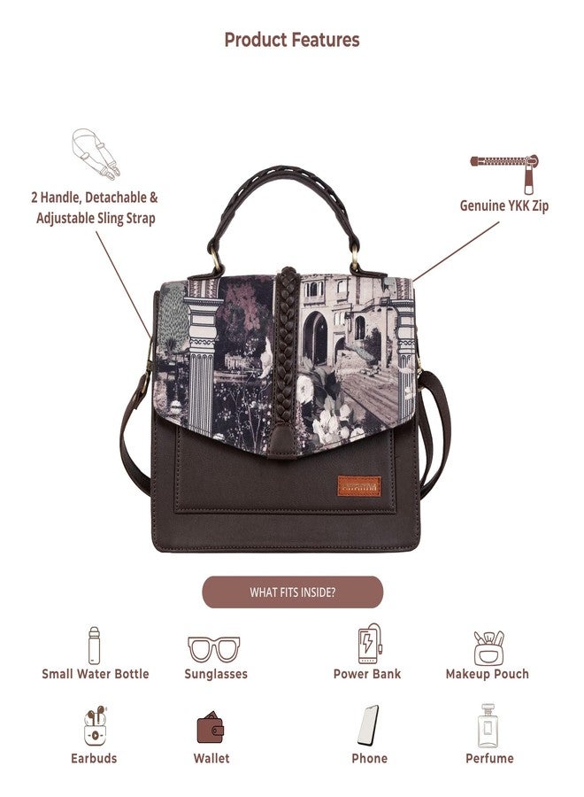 Fatfatiya Heritage Architectural Floral Print Satchel Bag, Vegan Leather Structured Handbag with Detachable Sling Strap, Office College Travel Crossbody Purse - Image 5
