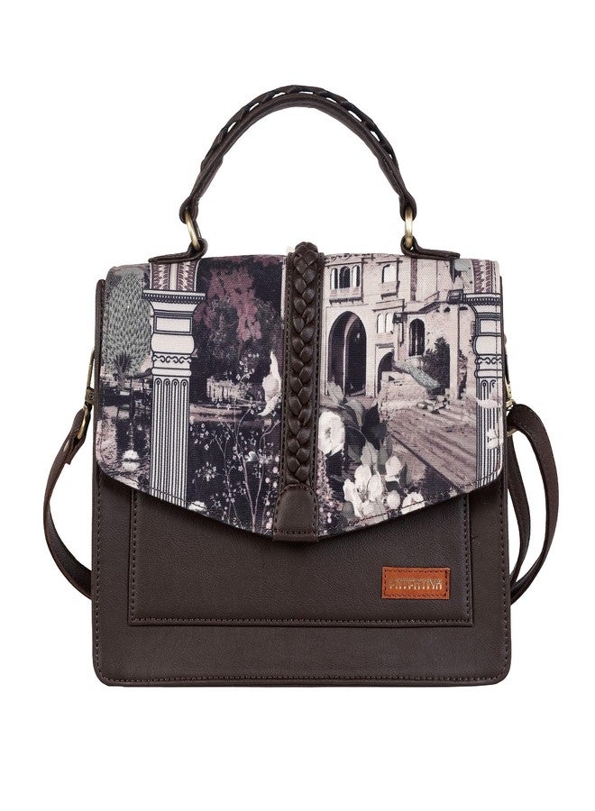 Fatfatiya Heritage Architectural Floral Print Satchel Bag, Vegan Leather Structured Handbag with Detachable Sling Strap, Office College Travel Crossbody Purse - Image 1