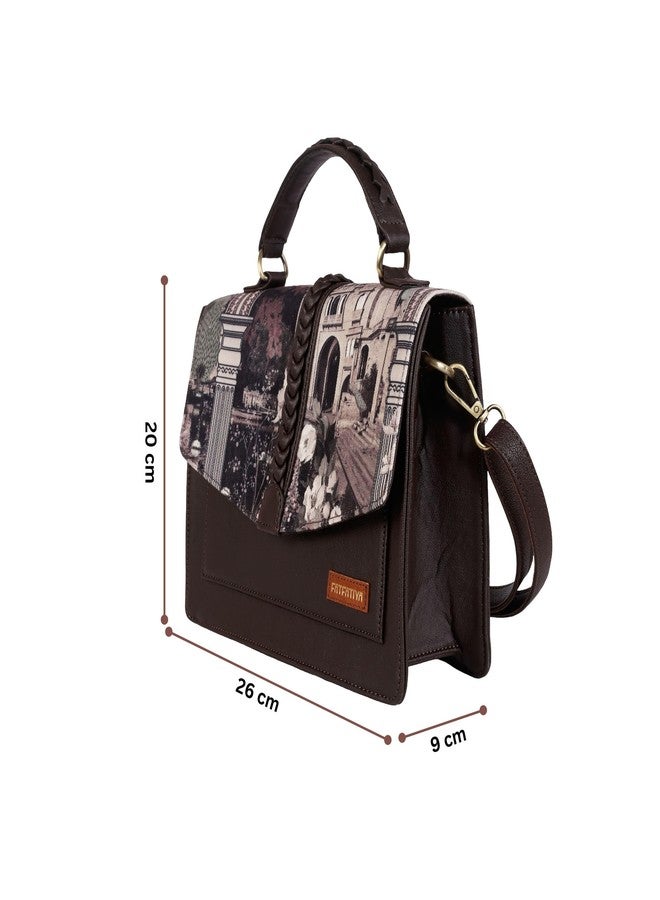 Fatfatiya Heritage Architectural Floral Print Satchel Bag, Vegan Leather Structured Handbag with Detachable Sling Strap, Office College Travel Crossbody Purse - Image 4