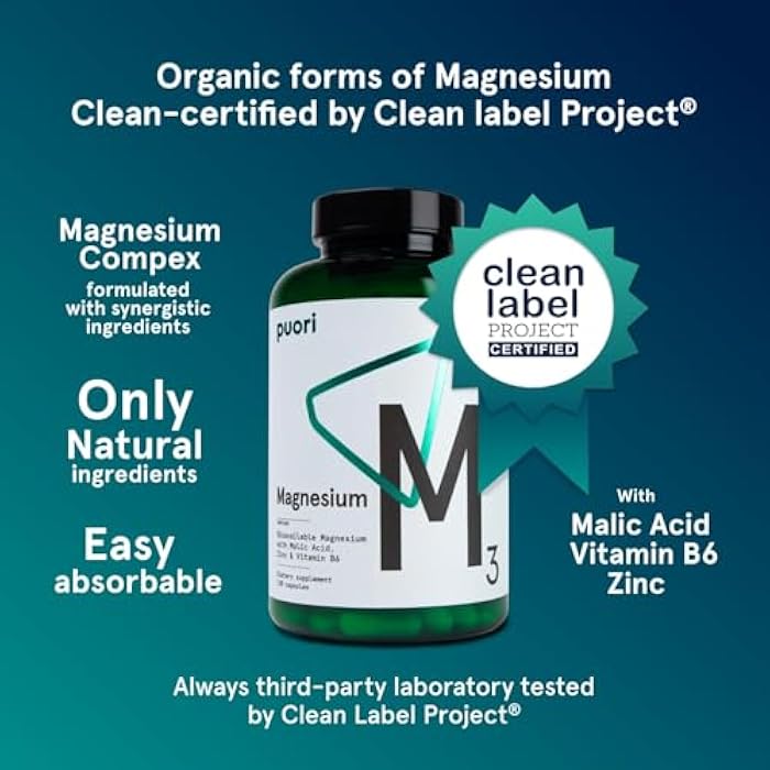 Puori Magnesium Complex Supplement - High Absorption Magnesium Taurinate & Gluconate, Zinc, Vitamin B6 & Malic Acid for Sleep Support, Immune & Bone Health & Muscle Recovery - 120 Vegan Capsules - Image 2