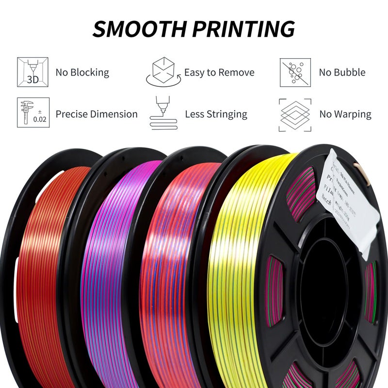 YOUSU 3D Printer Filament Tri Color Silk PLA Filament 1.75mm, 3D Printing Filament Bundle,Multicolor Filament Like Rainbow PLA, 250g X 4 Pack. - Image 3