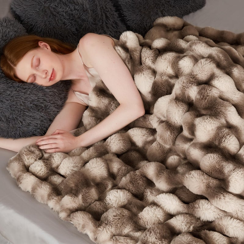 Touchat Luxury 1000GSM Faux Rabbit Fur Throw Blanket, Super Heavy Warm Cozy Brown Blankets for Couch Bed Sofa, Ruched Plush Fuzzy Elegant Soft Reversible Mink Blanket for Living Room Bedroom - Image 4