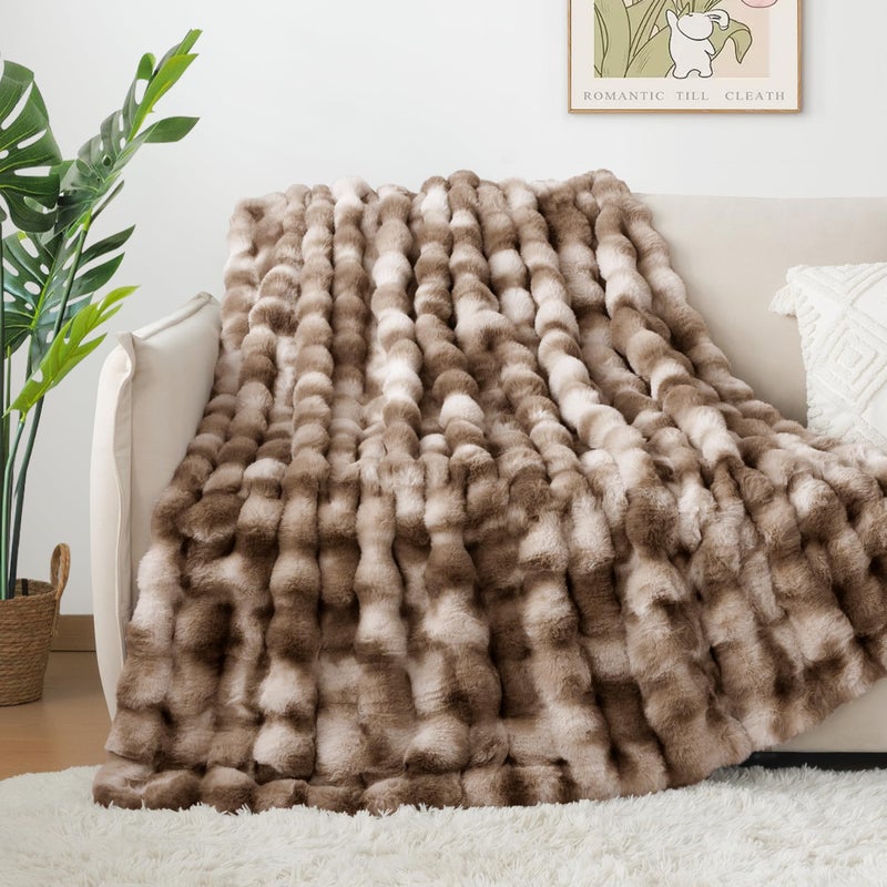 Touchat Luxury 1000GSM Faux Rabbit Fur Throw Blanket, Super Heavy Warm Cozy Brown Blankets for Couch Bed Sofa, Ruched Plush Fuzzy Elegant Soft Reversible Mink Blanket for Living Room Bedroom - Image 5