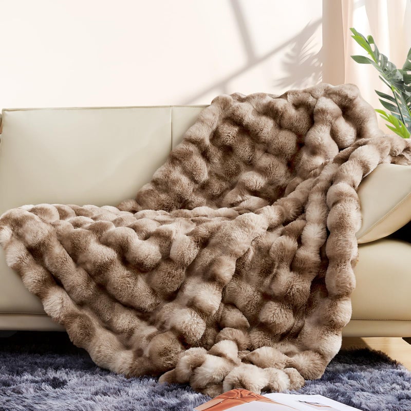 Touchat Luxury 1000GSM Faux Rabbit Fur Throw Blanket, Super Heavy Warm Cozy Brown Blankets for Couch Bed Sofa, Ruched Plush Fuzzy Elegant Soft Reversible Mink Blanket for Living Room Bedroom - Image 3