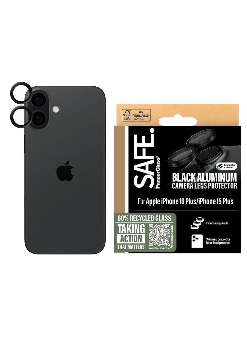 PanzerGlass SAFE by PanzerGlass® Rings Camera Lens Protector for iPhone 16 | 16 Plus Black, Slim Profile - with mounting aid for easy installation, No Image Distortion, Ultimate Camera Protection - Image 1