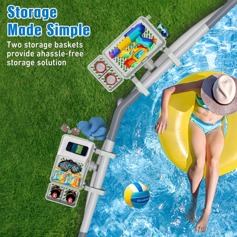 HKQ ã€2026 Upgradeã€‘ 2 Sets Poolside Storage Basket with Cup Holders, Above Ground Pool Accessories, Swimming Pool Storage Basket 3-in-1 Functionality, Fits 3 Inch or Less Top Rail (Grey, 2Pcs) - Image 3