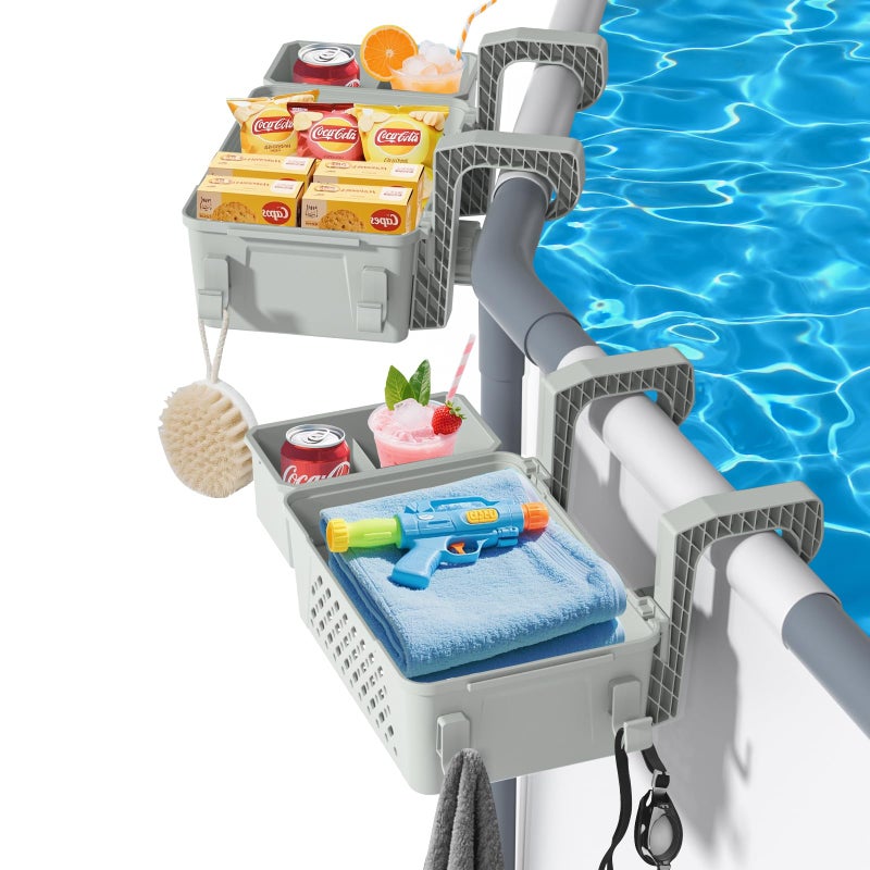 HKQ ã€2026 Upgradeã€‘ 2 Sets Poolside Storage Basket with Cup Holders, Above Ground Pool Accessories, Swimming Pool Storage Basket 3-in-1 Functionality, Fits 3 Inch or Less Top Rail (Grey, 2Pcs) - Image 1