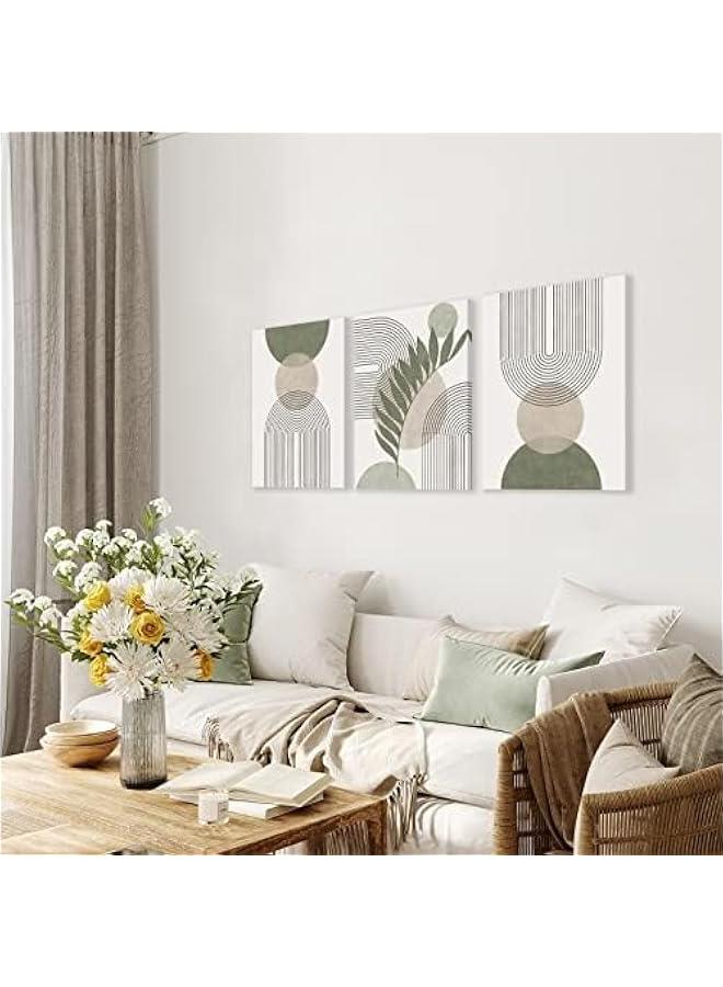 KBKBART Sage Green Boho Wall Art Set of 3, Minimalist Framed Wall Art Geometric Line Leaf Sun Moon Beige Green Canvas Artwork Paintings, Abstract Botanical Boho Room Decor, Office, 12x16 - Image 2