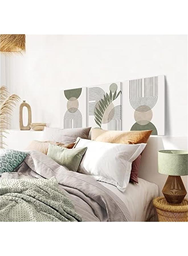 KBKBART Sage Green Boho Wall Art Set of 3, Minimalist Framed Wall Art Geometric Line Leaf Sun Moon Beige Green Canvas Artwork Paintings, Abstract Botanical Boho Room Decor, Office, 12x16 - Image 4