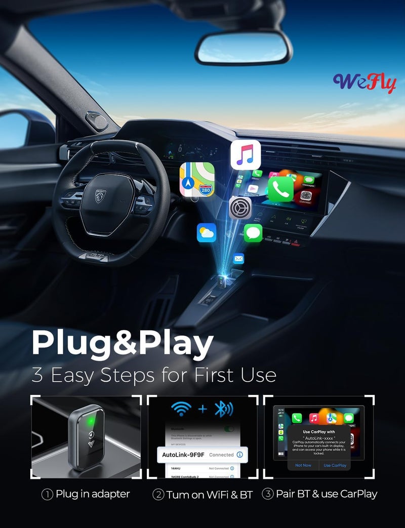 Wefly Wireless Carplay Adapter & Wireless Android Auto Adapter, 2 in 1 Carplay Convert Wired to Wireless for Cars, Mini Size with Extension Cable USB & USB-C/Type-C, Stable Control No Delay - Black - Image 2