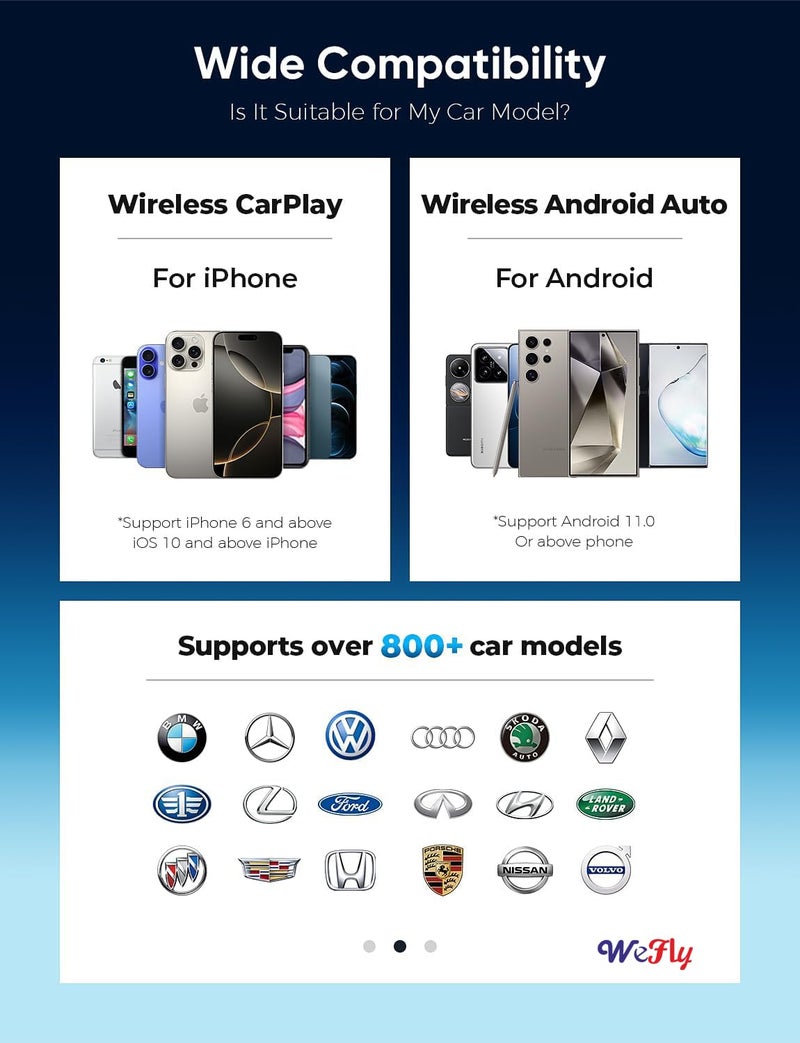 Wefly Wireless Carplay Adapter & Wireless Android Auto Adapter, 2 in 1 Carplay Convert Wired to Wireless for Cars, Mini Size with Extension Cable USB & USB-C/Type-C, Stable Control No Delay - Black - Image 3