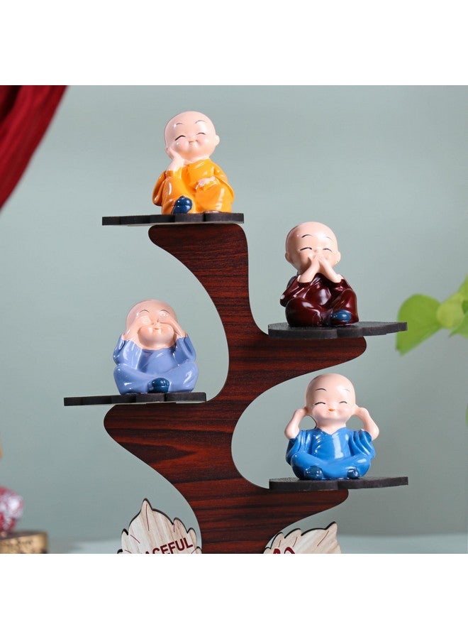 Floweraura FlowerAura Decorative Set of 4 Adorable Buddha Monk Figurines With Wooden Stand For Peaceful Home Decor & Office Decor, Special Gifting, Ideal for Living Room, Meditation Spaces, and Special Occasions  - Image 2