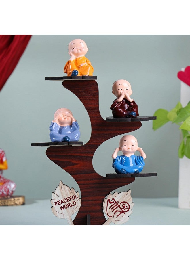 Floweraura FlowerAura Decorative Set of 4 Adorable Buddha Monk Figurines With Wooden Stand For Peaceful Home Decor & Office Decor, Special Gifting, Ideal for Living Room, Meditation Spaces, and Special Occasions  - Image 3