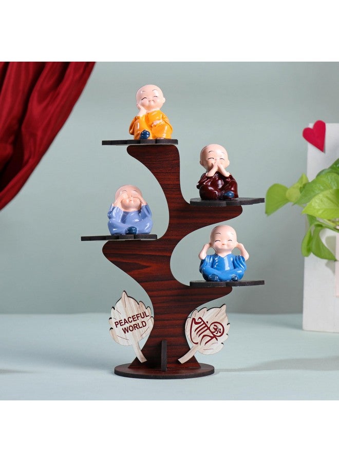 Floweraura FlowerAura Decorative Set of 4 Adorable Buddha Monk Figurines With Wooden Stand For Peaceful Home Decor & Office Decor, Special Gifting, Ideal for Living Room, Meditation Spaces, and Special Occasions  - Image 1