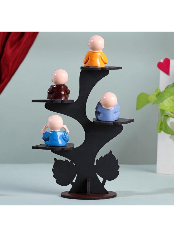 Floweraura FlowerAura Decorative Set of 4 Adorable Buddha Monk Figurines With Wooden Stand For Peaceful Home Decor & Office Decor, Special Gifting, Ideal for Living Room, Meditation Spaces, and Special Occasions  - Image 4
