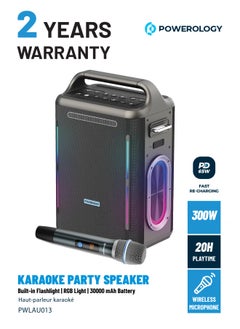 Powerology TWS Karaoke Party Speaker 200W with Wireless Microphone and Remote / Built-in Flashlight / 20H Playtime / Fast Re-Charging / RGB Lighting - Silver  - Image 1