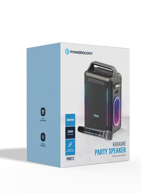 TWS Karaoke Party Speaker 200W with Wireless Microphone and Remote / Built-in Flashlight / 20H Playtime / Fast Re-Charging / RGB Lighting - Silver