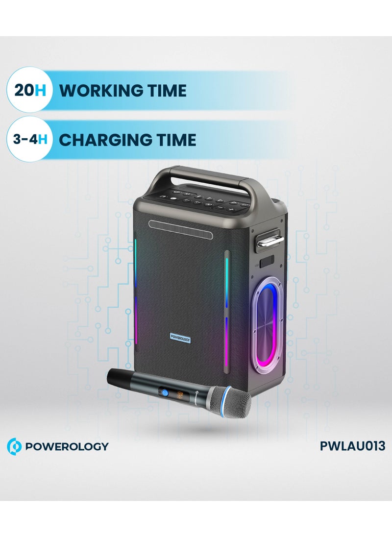 Powerology - TWS Karaoke Party Speaker 200W with Wireless Microphone and Remote / Built-in Flashlight / 20H Playtime / Fast Re-Charging / RGB Lighting - Silver - Image 1