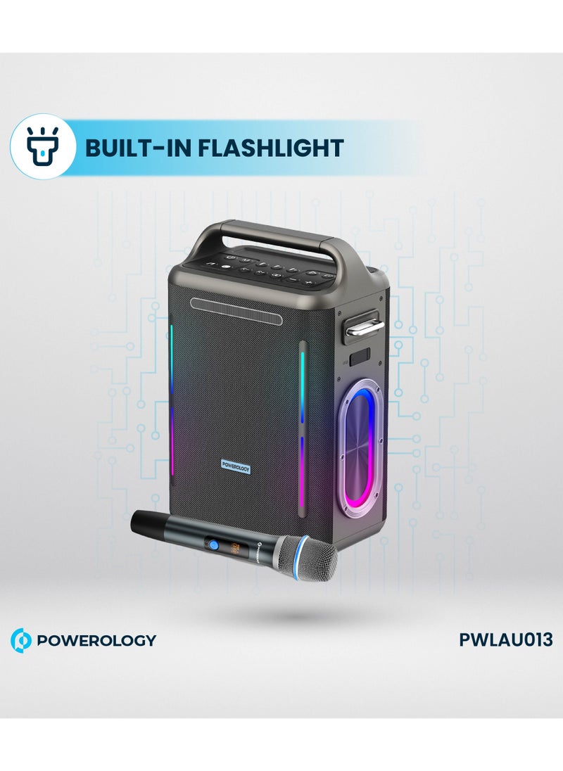 Powerology - TWS Karaoke Party Speaker 200W with Wireless Microphone and Remote / Built-in Flashlight / 20H Playtime / Fast Re-Charging / RGB Lighting - Silver - Image 1