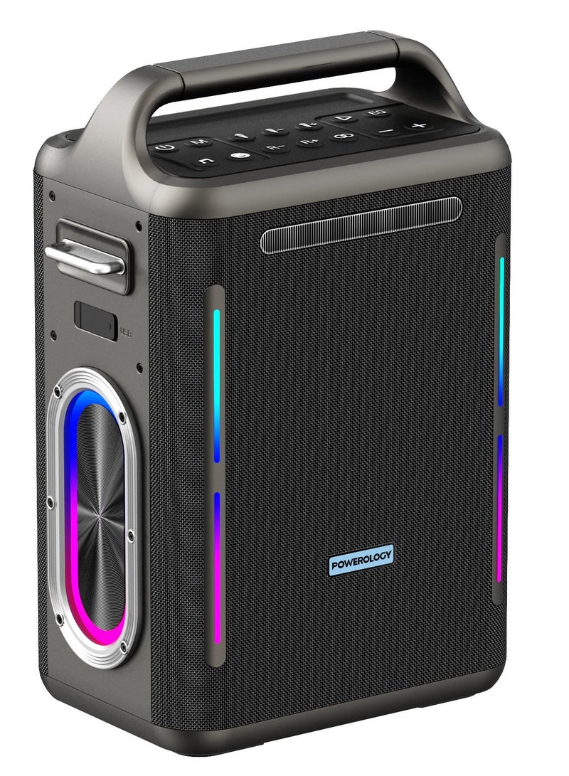 باورولوجي مكبر صوت TWS Karaoke Party بقوة 200 وات مع ميكروفون لاسلكي وجهاز تحكم عن بعد / مصباح يدوي مدمج / وقت تشغيل 20 ساعة / شحن سريع / أضواء ملونة - فضي - Image 1