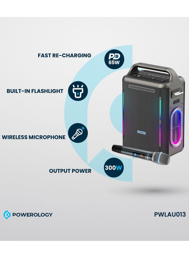 باورولوجي مكبر صوت TWS Karaoke Party بقوة 200 وات مع ميكروفون لاسلكي وجهاز تحكم عن بعد / مصباح يدوي مدمج / وقت تشغيل 20 ساعة / شحن سريع / أضواء ملونة - فضي - Image 3